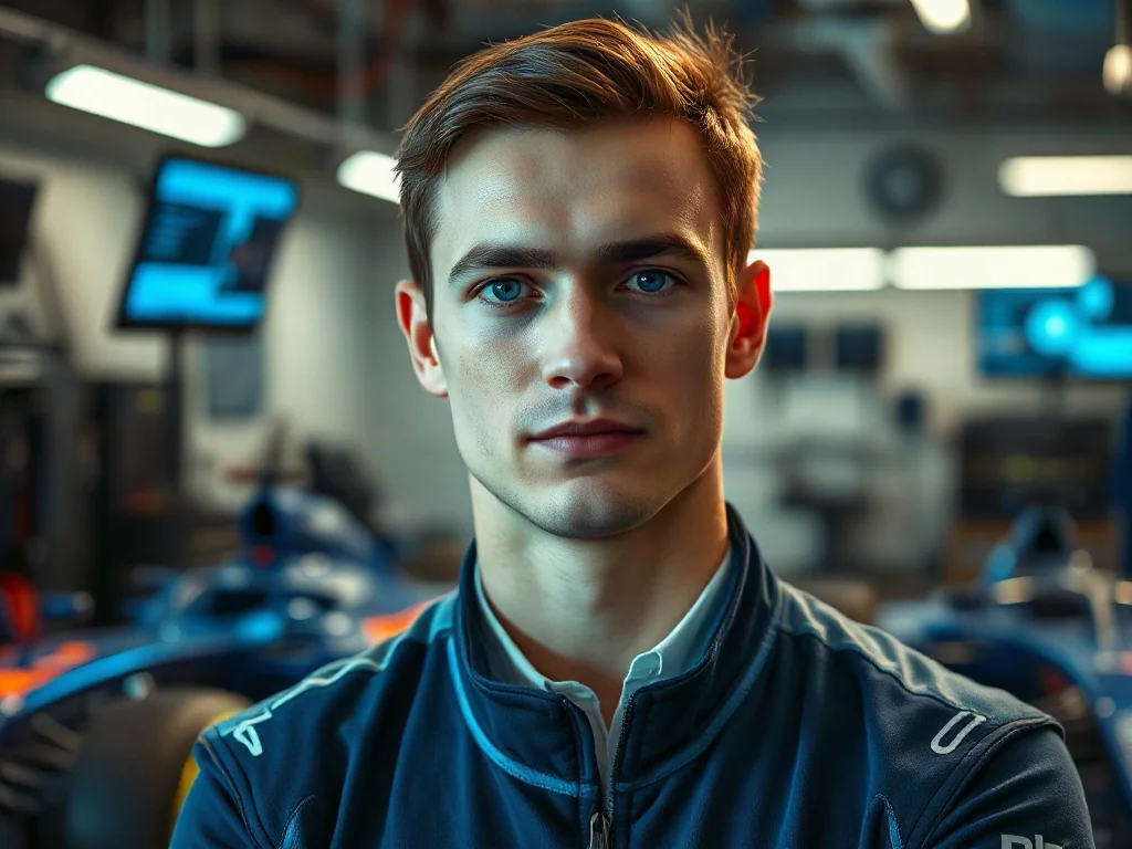 Portret Isacka Hadjara w stroju wyścigowym na tle garażu Formuły 2.