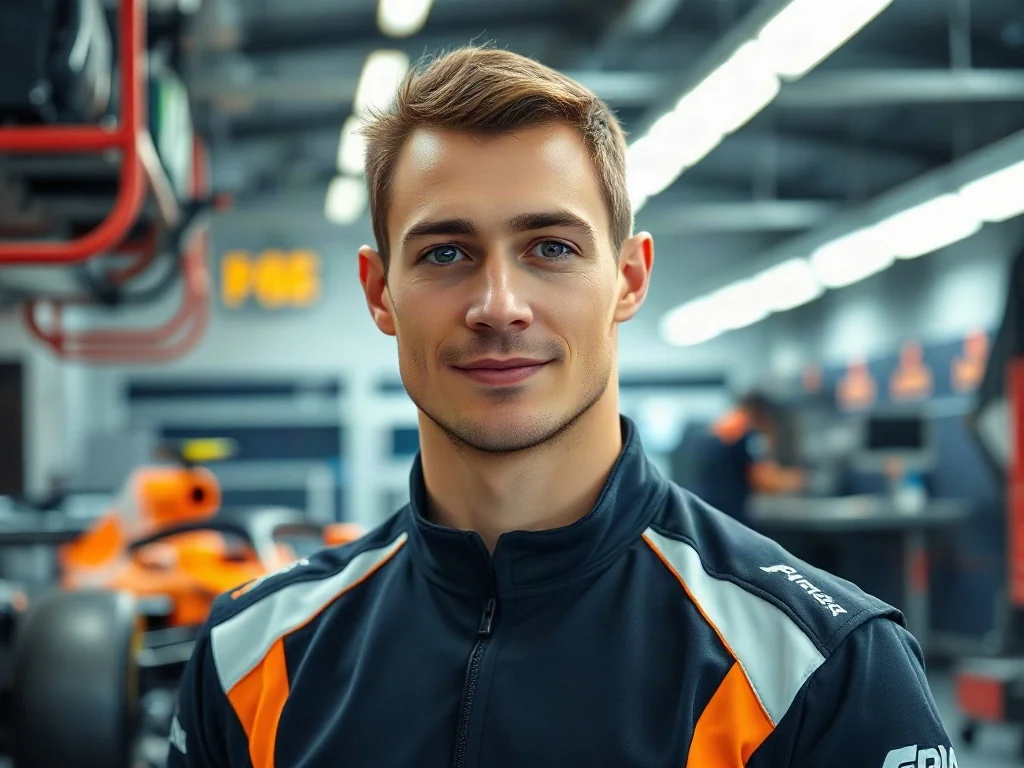 Lando Norris w profesjonalnym stroju wyścigowym, stojący w nowoczesnym garażu Formuły 1.