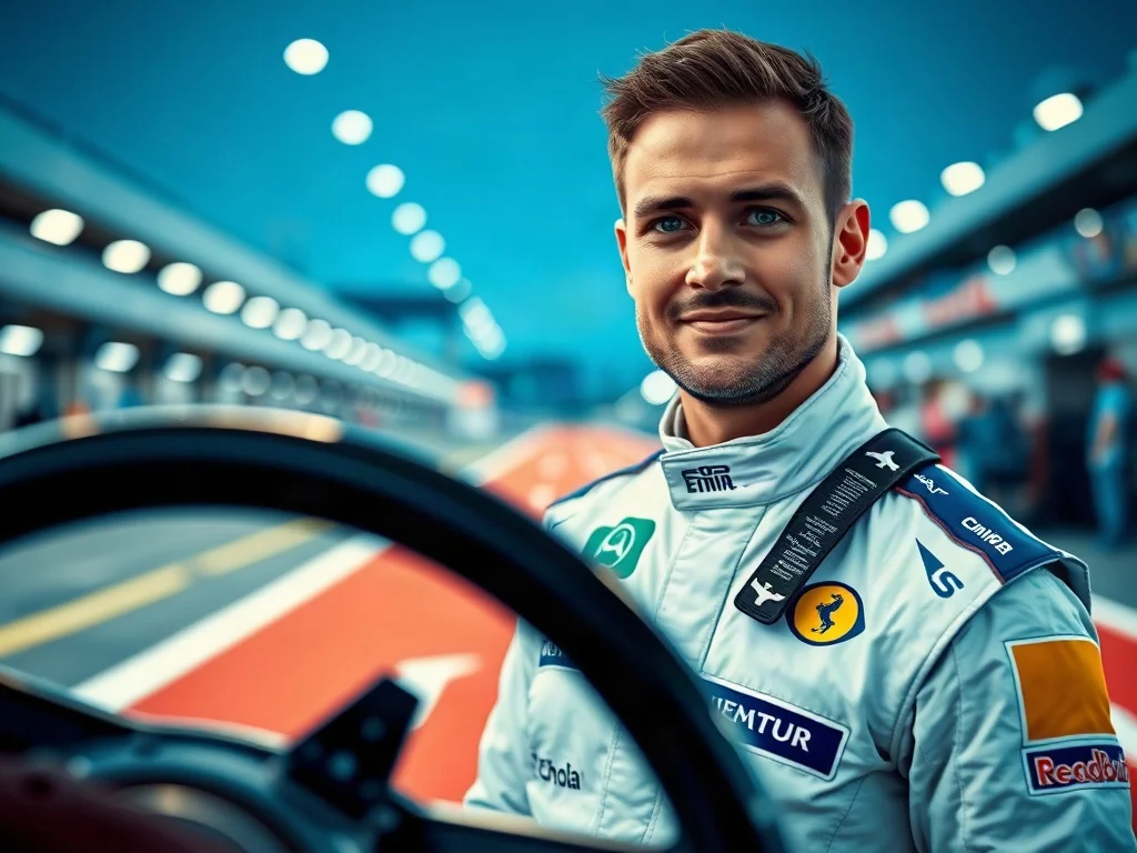 Lewis Hamilton w profesjonalnym kombinezonie wyścigowym na tle bolidu F1 i pit stopu.