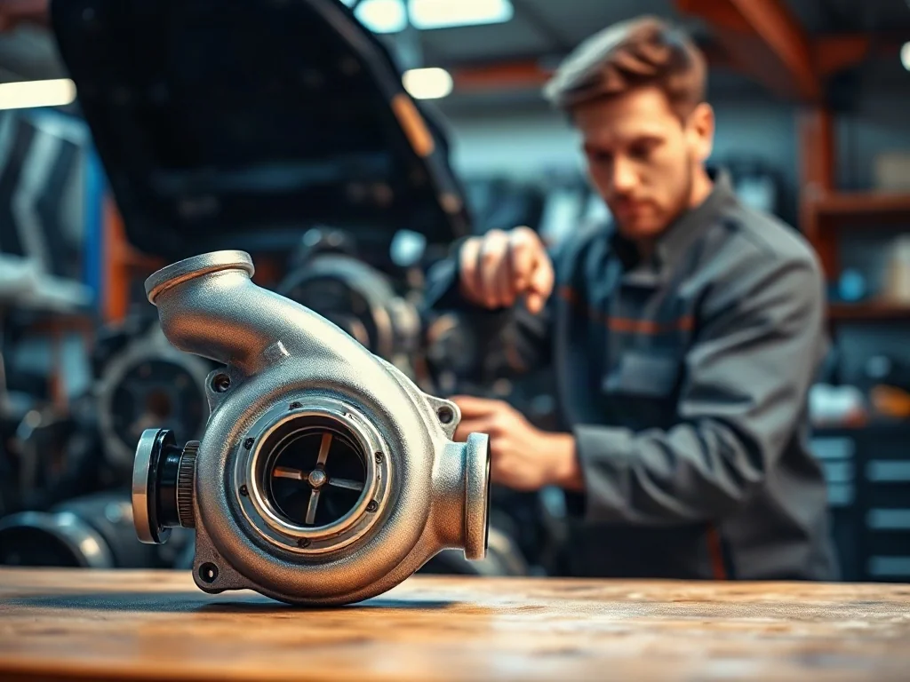 Nowoczesna turbosprężarka na stole warsztatowym w tle z mechanikiem pracującym przy silniku samochodowym.