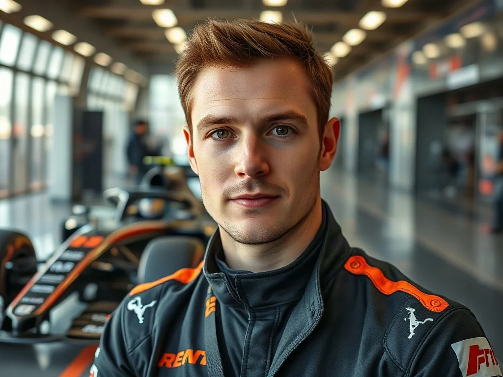 Max Verstappen stoi pewnie w alei serwisowej Formuły 1 na tle nowoczesnego bolidu i garażu.