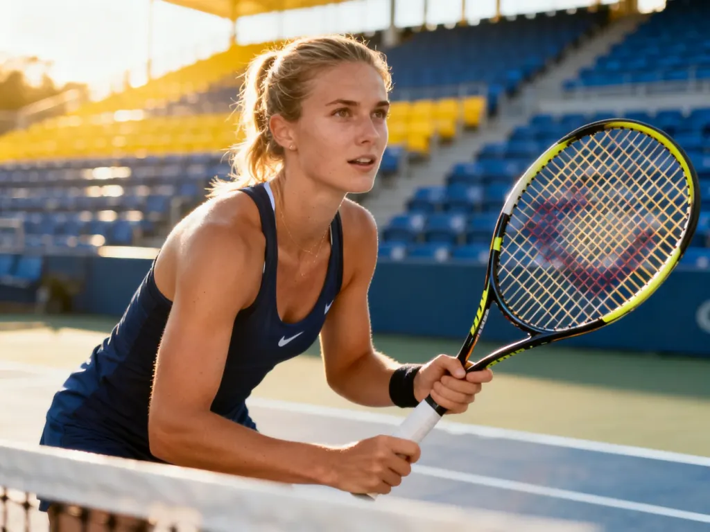 Aryna Sabalenka z rakietą tenisową na korcie w promieniach słońca, podkreślająca jej sportową sylwetkę i dynamikę gry.