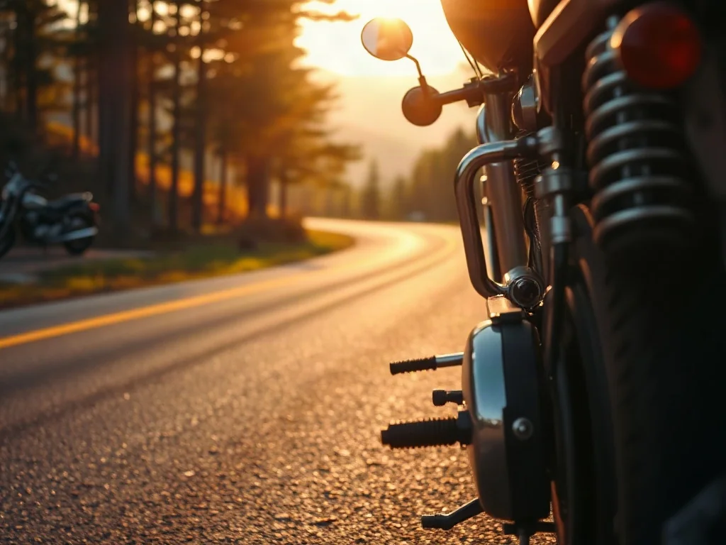 Klasyczny motocykl cruiser zaparkowany na malowniczej górskiej drodze w świetle zachodzącego słońca.