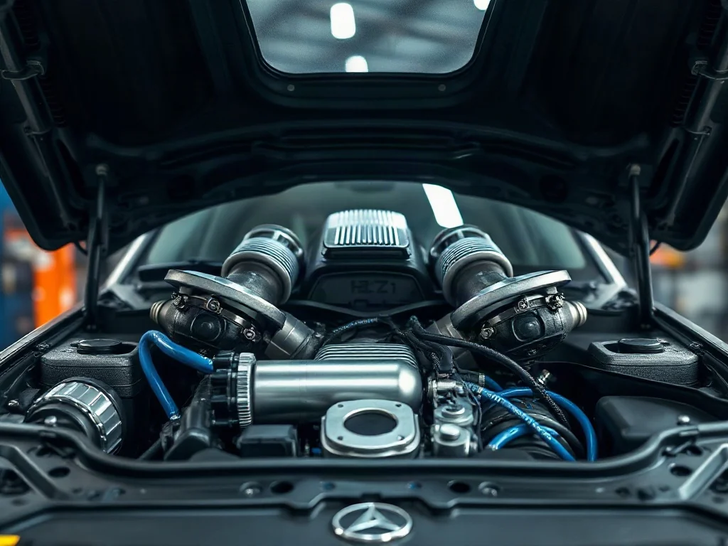 Zbliżenie na silnik 2.7 V6 biturbo z widocznymi turbosprężarkami i niebieskimi przewodami w komorze silnika Audi.