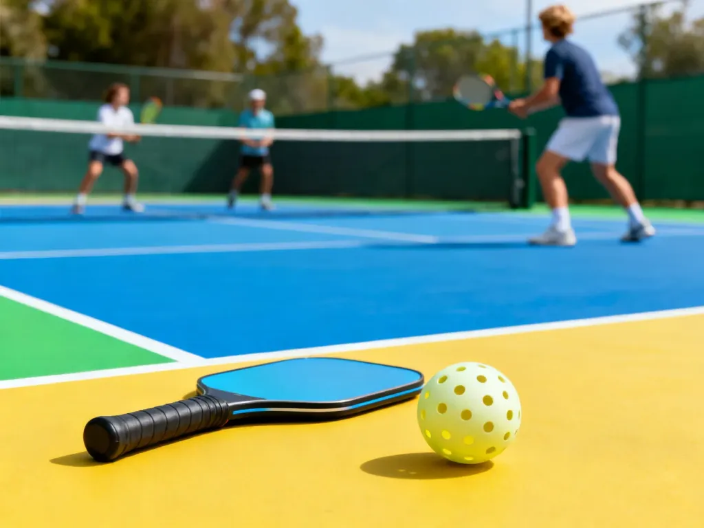 Rakieta i piłka do pickleballa na kolorowym korcie, w tle rozmyci zawodnicy podczas gry.