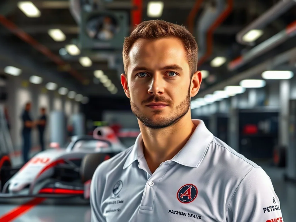 George Russell w koszulce zespołu wyścigowego na tle garażu Formuły 1.