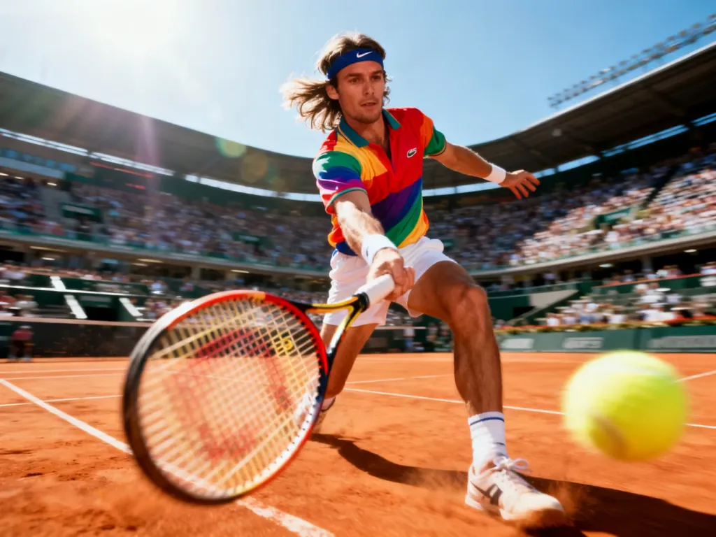Andre Agassi wykonuje dynamiczny forhend podczas meczu tenisowego na korcie twardym w stylu lat 90.
