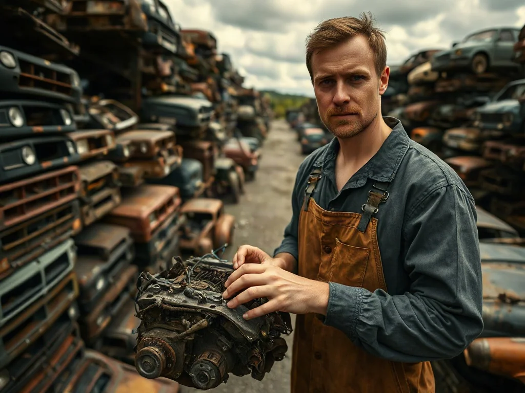 Pracownik złomowiska dokonuje przeglądu części samochodowych na tle sterty zardzewiałych wraków aut.