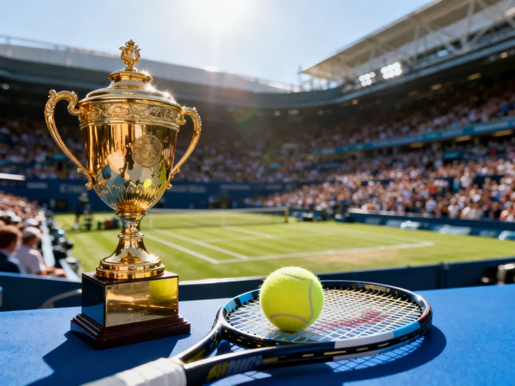 Złote trofeum tenisowe oraz rakieta z piłką na tle prestiżowego stadionu podczas turnieju Wielkiego Szlema.