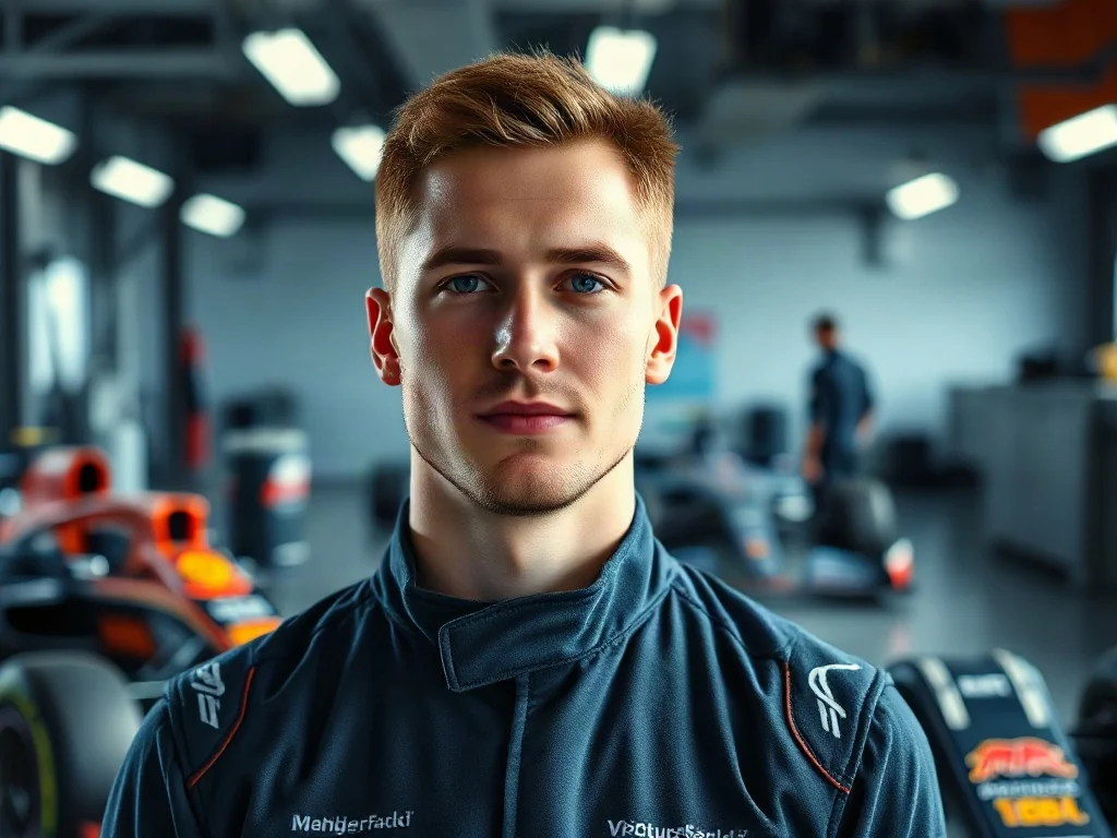 Liam Lawson w profesjonalnym kombinezonie wyścigowym, stojący w nowoczesnym garażu Formuły 1.